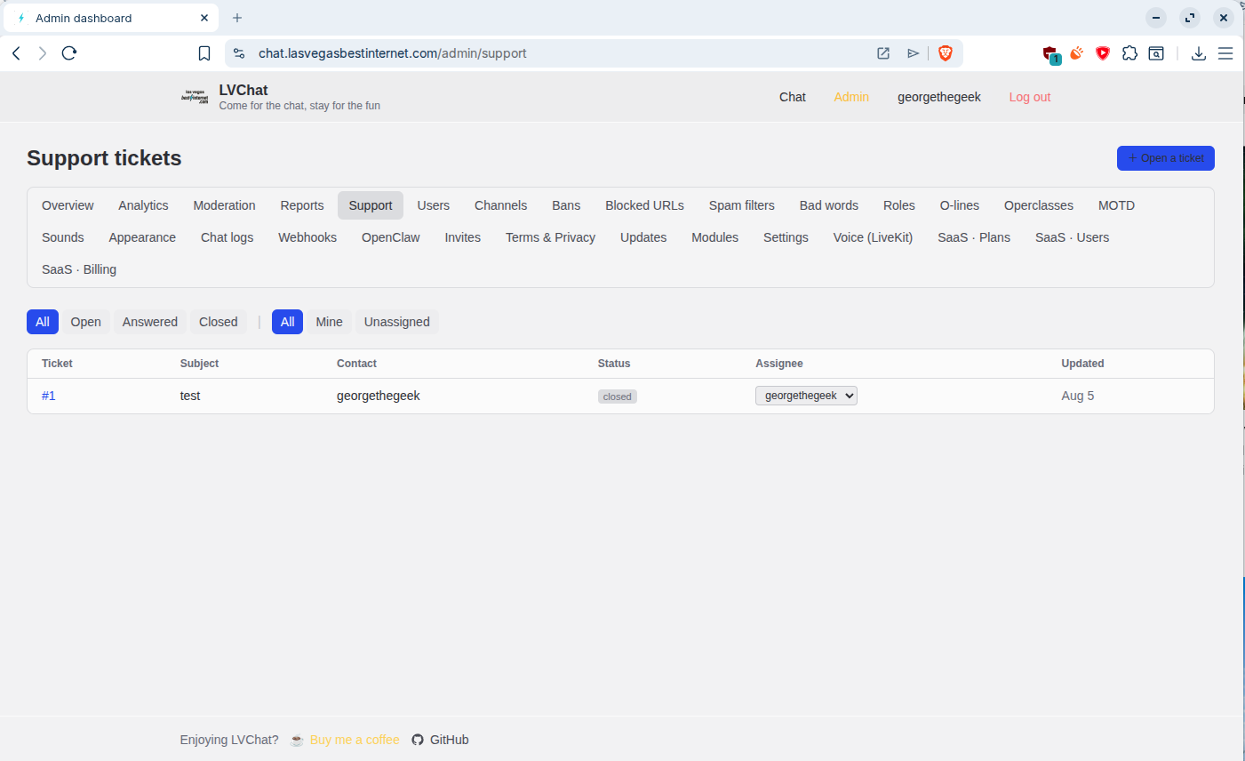 LVChat Admin support tickets page