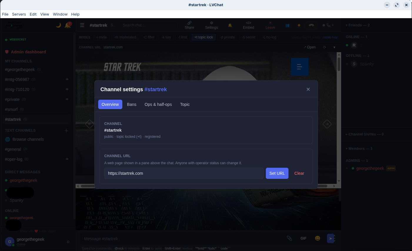 LVChat Channel settings modal showing Overview tab with channel info and URL field