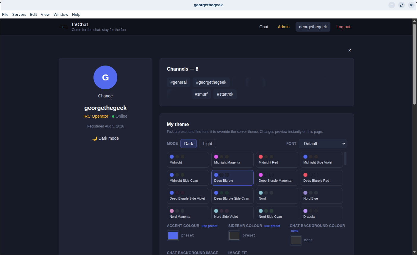 LVChat theme picker showing Midnight, Deep Blurple, Nord, Dracula presets with custom accent and sidebar colour options